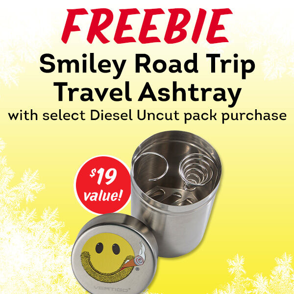 FREEBIE - Smiley Road Trip Travel Ashtray with select Diesel Uncut pack purchase