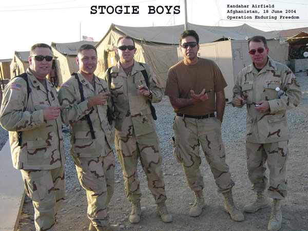 A photo of the Army/Air Force/DCMA guys known as the Stogie Boys. From left to right, MAJ Randy McGee/USA, CPT John Velarde/USA, TSgt Tim Smart/USAF, Joe Oddo/DCMA, TSgt Kevin Gregg/USAF. All supporting Operation Enduring Freedom from Kandahar Airfield, Afghanistan.
