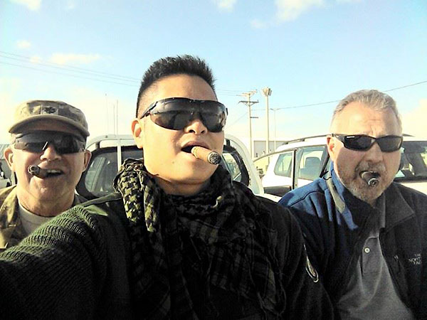 L to R: Gary, John, Tony. "Da Crew enjoying a stick on St. Patrick's Day 2014 in Afghanistan.