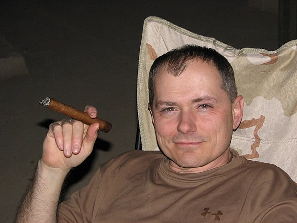 CE2 Richard D. Zinser of 3NCR Main Body in FOB Fallujah, IRAQ smoking a Cuban Cohiba Edicion Limitada 2006.