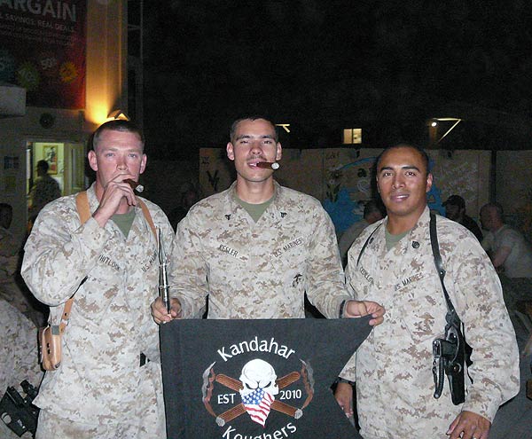 L-R: SSgt Whitlock, Cpl Kesler, SSgt Cedillo, enjoying Gurkha, Drew Estate, and Olivia cigars during the Kandahar Koughers&rsquo; weekly gathering - Aug 26, 2011.