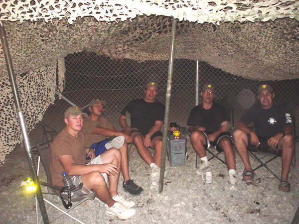 From Left to Right: Dan Dubb Whitaker, Richard Docta Jones, Ed B. Munchin Neely, Jeff El Jefe Miller, Dan D. Prizzy Prizio. 59th ERQS, Kandahar Airfield, September 2004.