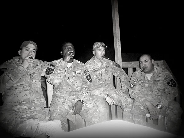 Officers from 1st Battalion, 37th Field Artillery Regiment, Combined Task Force - Arrowhead at their weekly cigar night in Afghanistan. "We&rsquo;re frequent customers of your company, and glad you guys get products shipped here so fast to APO addresses."