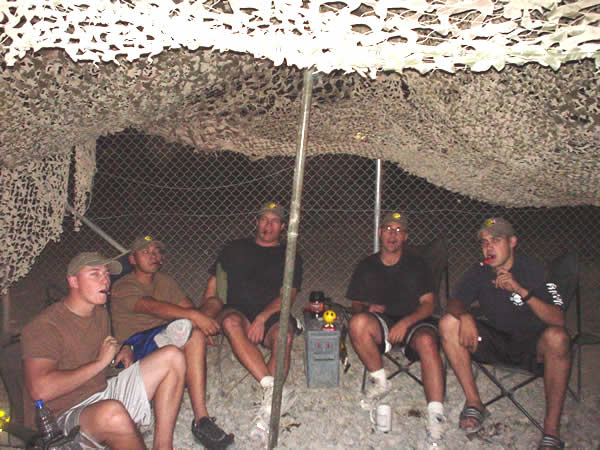 From Left to Right: Dan Dubb Whitaker, Richard Docta Jones, Ed B. Munchin Neely, Jeff El Jefe Miller, Dan D. Prizzy Prizio. 59th ERQS, Kandahar Airfield, September 2004.