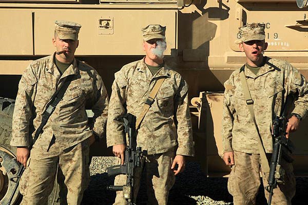 From left to right: Cpl Vianna, Sgt Taylor and Sgt Rexha smoking CI cigars after a mission. "Thank you for your support! ... "A cigar a day keeps the Taliban at bay"