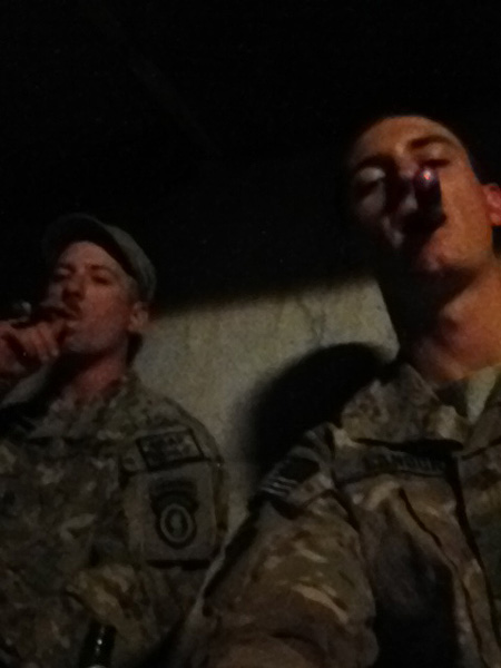 Sgt Chris Heilemann (left) and Sgt Blair Landon (right) enjoying a few Man O' War, Ruinations. Afghanistan 2013