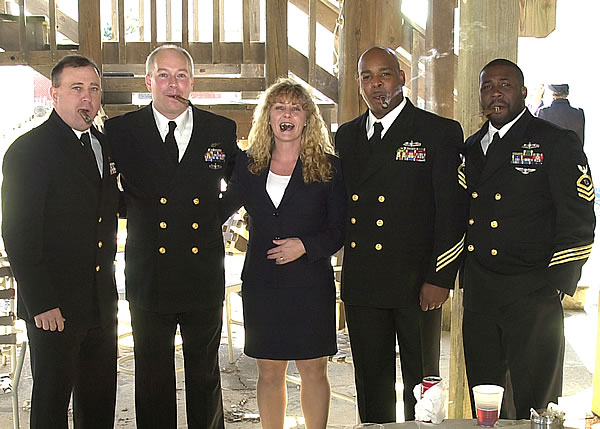 Veterans of Operation Enduring Freedom and Operation Iraqi Freedom.  Mike, Randy,Penny, Lorenzio and Albert from Tactical Air Control Squadron 22 enjoying some finecigars in Virginia Beach, VA at Randy&rsquo;s retirement from the US Navy November 2004.