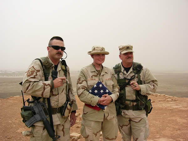 Greetings, from Tallil AB Iraq! From left, MSgt Neil Porter Jr, SSgt Angela Collins, & Capt Joseph Sternisha of the 407 AEG AT/FP (USAF), on top of the Ziggurat of Ur near Tallil AB Iraq. This picture was taken on 23 Apr 04.