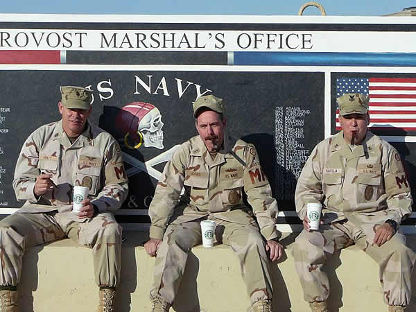 From left: AMC(AW) Joseph Ashley, CWO4 Ed Jones, MA1(AW) Jose D. Pantoja from U.S. Navy Law And Order Det. Kuwait enjoying some Rocky Patel Vintage 1992 On a cool morning in Camp Buehring, Kuwait with a Hot Cup of Starbucks Coffee.