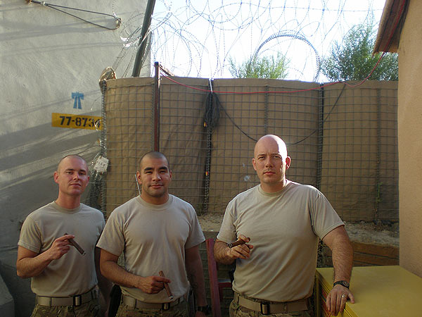 Chris, Miguel and Brando enjoy a few early morning cigars in Afghanistan. Pictured from left to right a Punisher, a San Miguel and an Ave Maria.