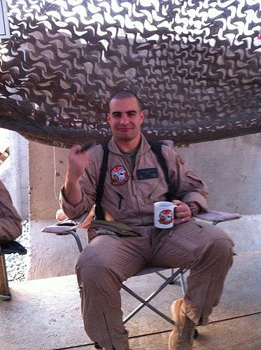 "Capt Valenti enjoying a cigar break!" OEF. Afghanistan, 2011.