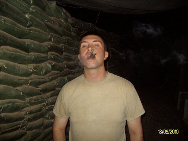SSG Riser, SGT Andera and SPC Stokes with the COB Delta cigar club taking a break in Iraq.