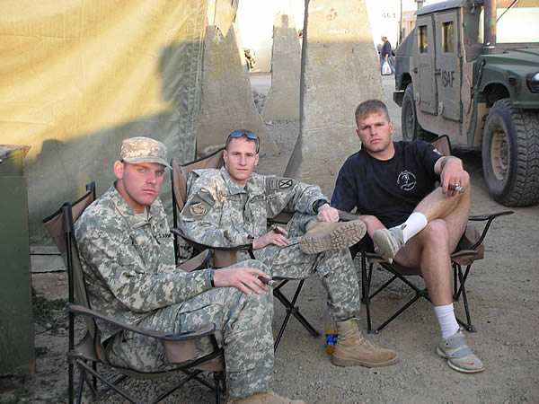 SSG Brandon Harbaugh, SSG Michael Eilers, Capt Nicholas McDermott (FOB Salerno Afficiandos) 3rd Platoon Battle Company, 1-32 Infantry Battalion.Enjoying stogies time on a rare day off.