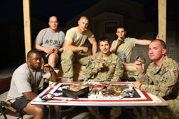 SFAT 42, 1-8 Infantry, 3rd Brigade, 4ID, Afghanistan. SFC Craig Meads, MSG Maurice Turner, 1LT Benjamin VanBeurden, 2LT Lee Collins, SGT Frank Barraza, SFC Kevin Patton smoking the Motherload #15, Oliva Sampler, and 5 Vegas Sampler.