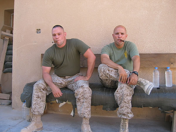 CWO2 Lawson and GySgt Dupuis enjoying a cigar break in Al Asad, Iraq.