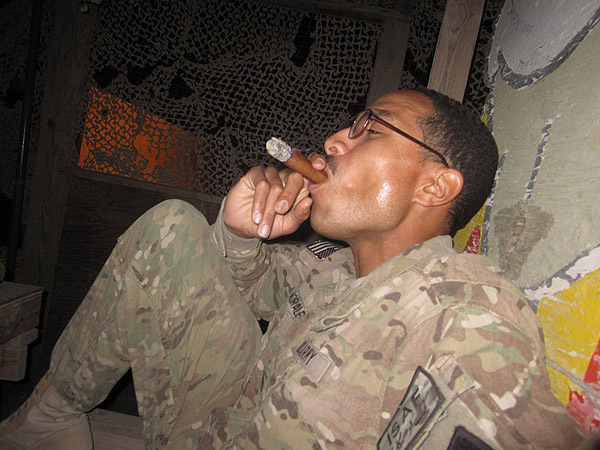 "A late night smoke out in Afghanistan, May 2013. I am always greatful for the timely deliveries and fresh cigars." - SSG Morales 4th BDE 2ID.